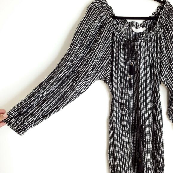 Zimmermann Pavilion Striped Dress 2 Wide Neck Off Shoulder Black Tassel Tie - Picture 6 of 11